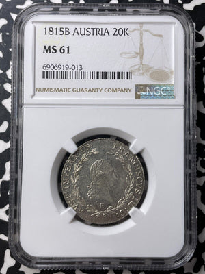 1815-B Austria 20 Kreuzer NGC MS61 Lot#G8792 Silver! Nice UNC!