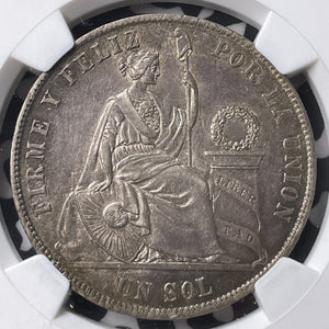 1869-YB Peru 1 Sol NGC AU58 Lot#G9015 Large Silver! Arabic '1'