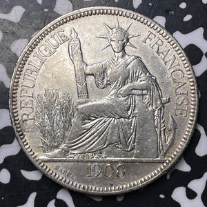 1908-A French Indo-China 1 Piastre Lot#MK164 Large Silver! Cleaned