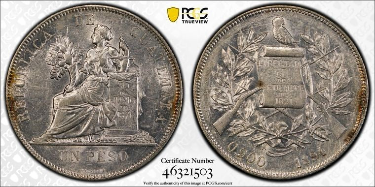 1894 Guatemala 1 Peso PCGS AU58 Lot#G3399 Large Silver! KM#210