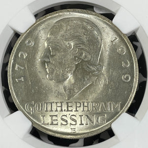 1929-E Germany Lessing 5 Mark NGC MS61 Lot#G9927 Silver! Nice UNC! 12,000 Minted