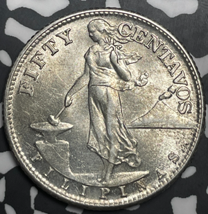 1945-S U.S. Philippines 50 Centavos Lot#T9340 Silver! High Grade! Beautiful!