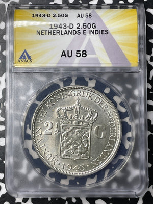 1943-D Netherlands East Indies 2 1/2 Gulden ANACS AU58 Lot#MK117 Silver!