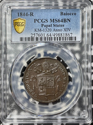 1844-R Papal States 1 Baiocco PCGS MS64BN Lot#G8243 Top Graded! KM#1320