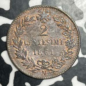 1861-N Italy 2 Centesimi Lot#T2911 Beautiful Detail, Obverse Scratch