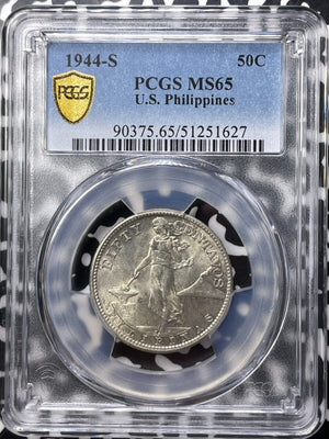 1944-S U.S. Philippines 50 Centavos PCGS MS65 Lot#G9214 Silver! Gem BU!