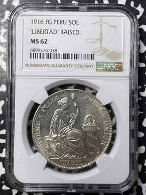 1916-FG Peru 1 Sol NGC MS62 Lot#G8425 Silver! Nice UNC! Raised 'Libertad'