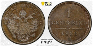 1852-M Italy Lombardy-Venetia 1 Centesimo PCGS MS64BN Lot#G9172 Choice UNC!