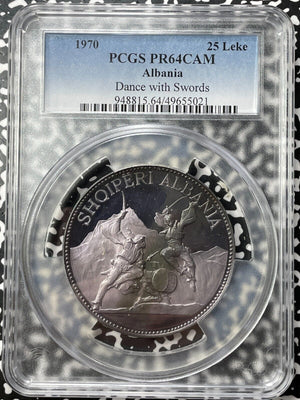 1970 Albania 25 Leke PCGS PR64 CAM Lot#GV8257 Large Silver! 'Dace With Swords'