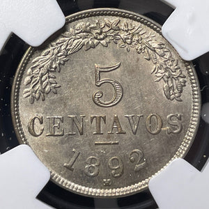 1892-H Bolivia 5 Centavos NGC MS63 Lot#G8526 Choice UNC!