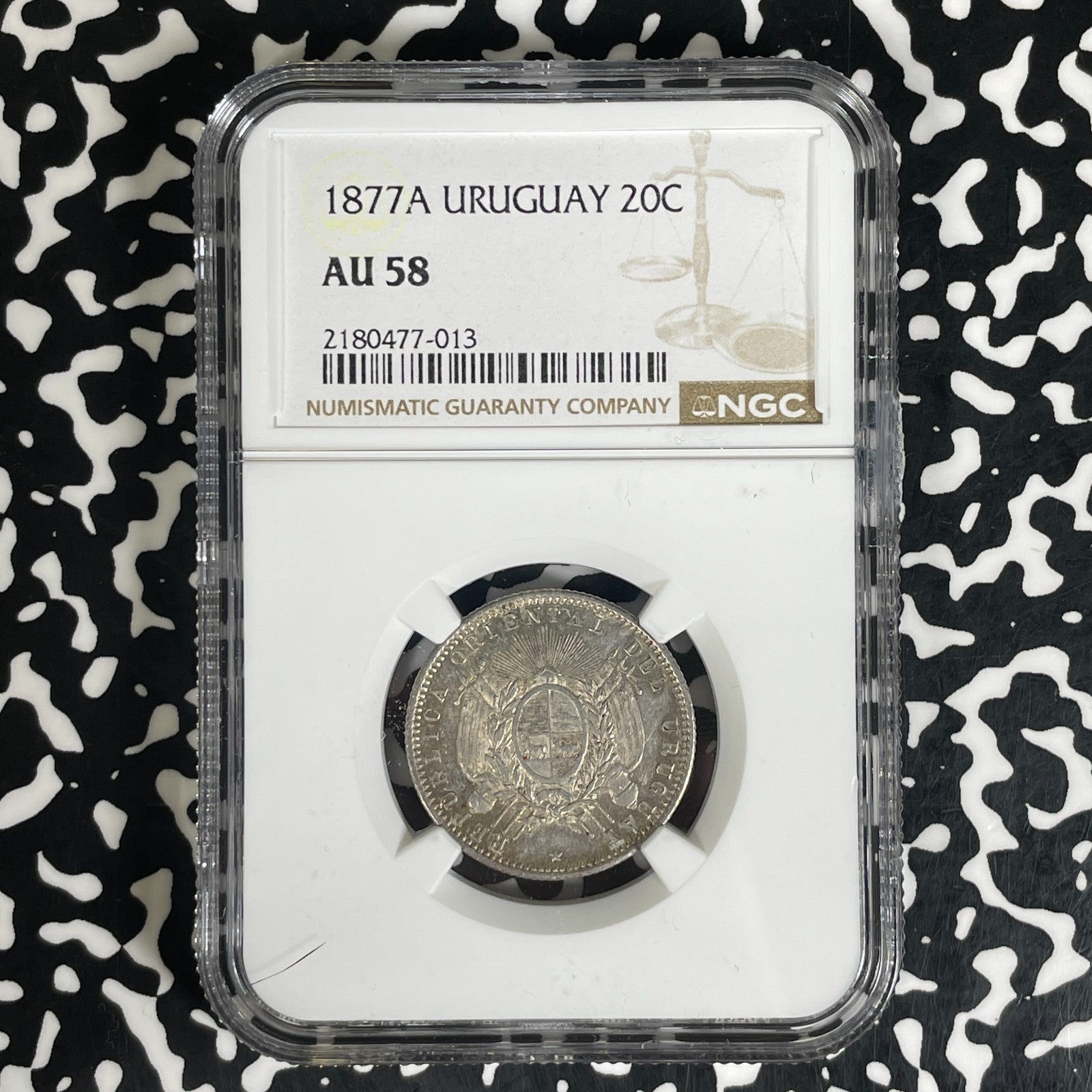 1877-A Uruguay 20 Centesimos NGC AU58 Lot#G1586 Silver!