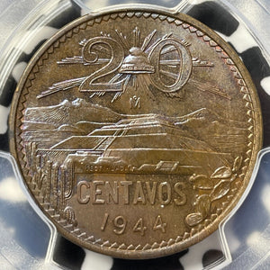 1944-Mo Mexico 20 Centavos PCGS MS65BN Lot#G8130 Gem BU! Beautiful Toning!