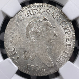 1794 Italy Sardinia 7.6 Soldi NGC AU58 Lot#G9537