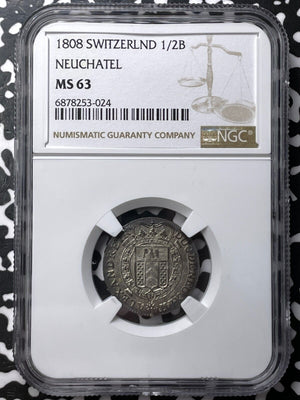 1808 Switzerland Neuchatel 1/2 Batzen NGC MS63 Lot#G7233 Choice UNC!