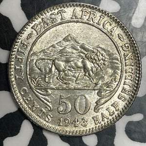 1943 East Africa 50 Cents Lot#T3237 Silver! High Grade! Beautiful!