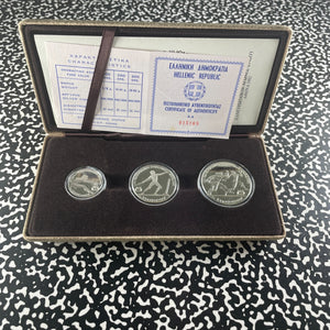 1982 Greece 3x Coin Olympics Proof Set Lot#B2388 Silver! With Case & C.O.A.