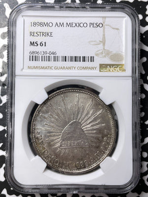 1898-Mo AM Mexico 1 Peso NGC MS61 Lot#G8078 Large Silver! Nice UNC! Restrike