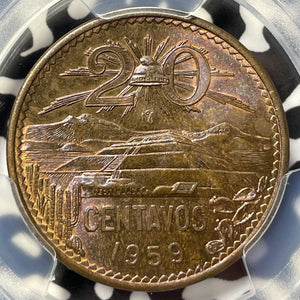 1959-Mo Mexico 20 Centavos PCGS MS64RB Lot#G7710 Beautiful Toning! Key Date!