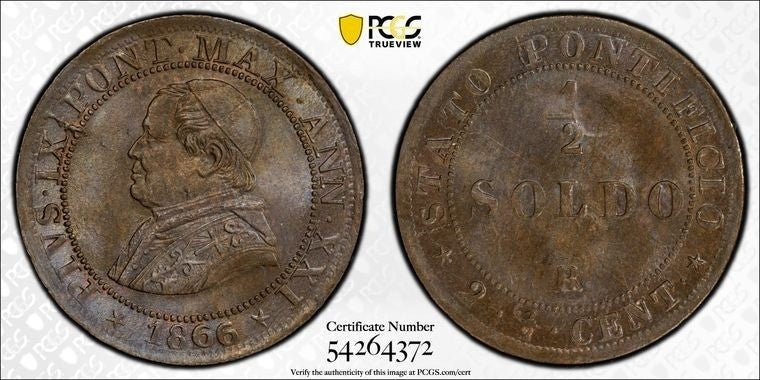 1866-R Papal States 1/2 Soldo PCGS MS64BN Lot#G1764 Top Graded!