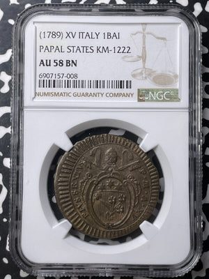 (1789) Papal States 1 Baiocco NGC AU58BN Lot#G9023 KM#1222