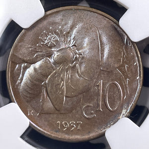 1937-R Italy 10 Centesimi NGC MS64BN Lot#G9151 Choice UNC! KM#60 Bee Reverse