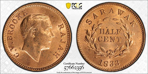 1933-H Sarawak 1/2 Cent PCGS MS64RD Lot#G886 Choice UNC!
