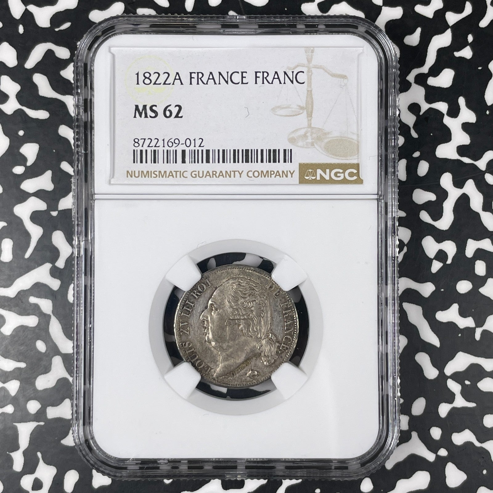 1822-A France 1 Franc NGC MS62 Lot#G1810 Silver! Nice UNC!