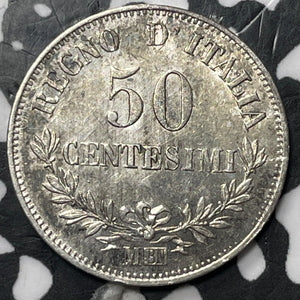 1863-M BN Italy 50 Centesimi Lot#JM7617 Silver! High Grade! Beautiful! KM#14.1