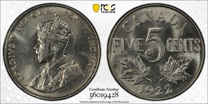1922 Canada 5 Cents PCGS MS64 Lot#G042 Choice UNC! Near 'S' Variety