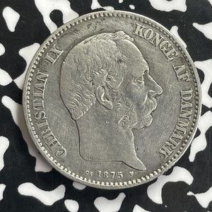 1875 Denmark 2 Kroner Lot#C0178 Silver! Better Date, Old Cleaning