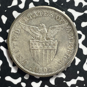1907-S U.S. Philippines 1 Peso Lot#JM9579 Silver! Beautiful Detail, Old Cleaning