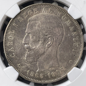 1906 Romania 5 Lei NGC XF45 Lot#G8053 Silver! Carol I Reign 40th Anniversary