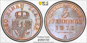 1871-A Germany Prussia 3 Pfennig PCGS MS65BN Lot#G7462 Gem BU! KM#482