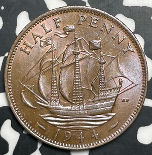 1944 Great Britain 1/2 Penny Half Penny Lot#T9053 High Grade! Beautiful!