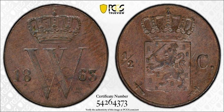 1863 Netherlands 1/2 Cent PCGS MS63BN Lot#G1767 Choice UNC!