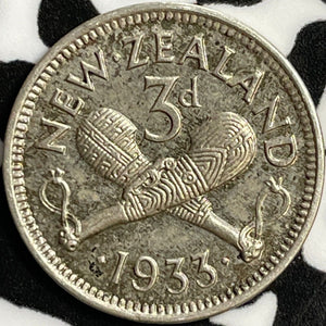 1933 New Zealand 3 Pence Threepence Lot#D8978 Silver! High Grade! Beautiful!