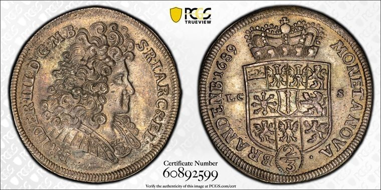 1689-LCS Germany Brandenburg 2/3 Thaler PCGS MS62 Lot#G2343 Silver! KM#556