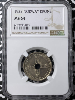 1927 Norway 1 Krone NGC MS64 Lot#G7060 Choice UNC! Key Date!