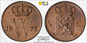 1873 Netherlands 1/2 Cent PCGS MS64BN Lot#G808 Choice UNC!