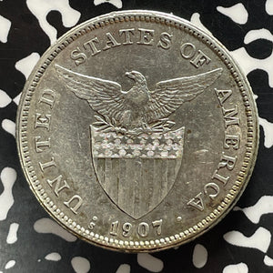 1907-S U.S. Philippines 1 Peso Lot#T5312 Large Silver Coin! Nice Detail, Cleaned