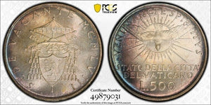 1958 Vatican City 500 Lire PCGS MS67 Lot#G8184 Silver! Beautiful Toning! Gem BU!