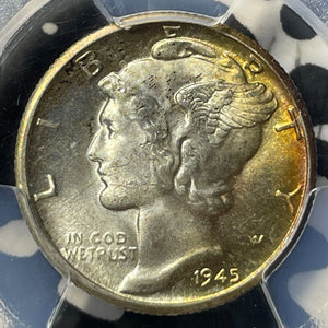 1945-D U.S. 10 Cents Mercury Dime PCGS MS65 Lot#G8362 Silver! Beautiful Toning!