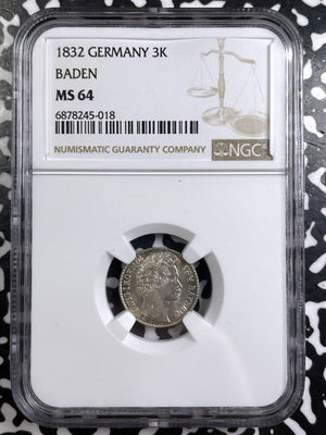 1832 Germany Baden 3 Kreuzer NGC MS64 Lot#G7204 Silver! Choice UNC!