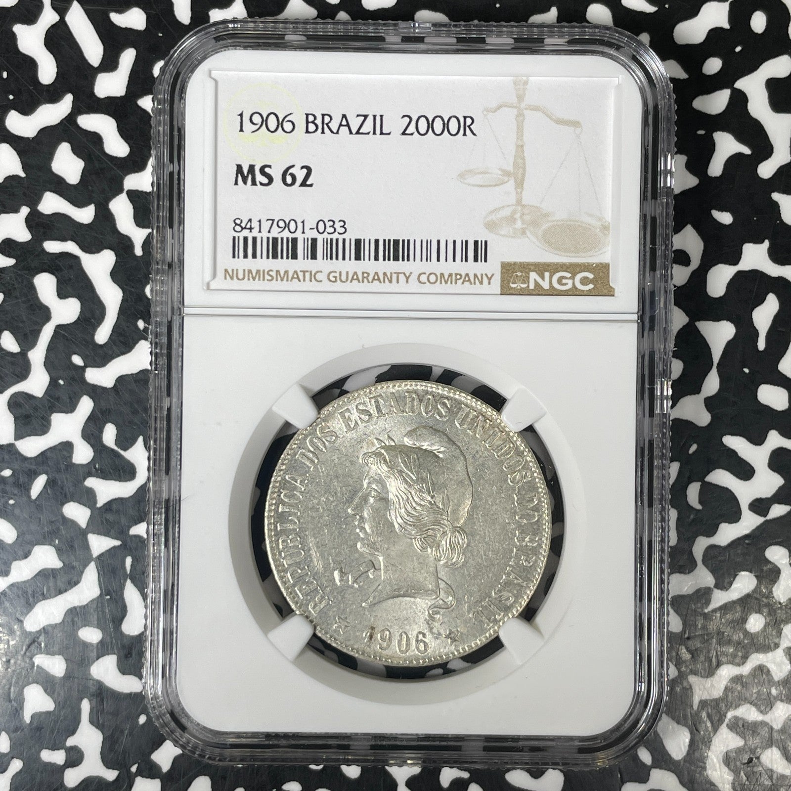 1906 Brazil 2000 Reis NGC MS62 Lot#G1488 Silver! Key Date! Nice UNC!