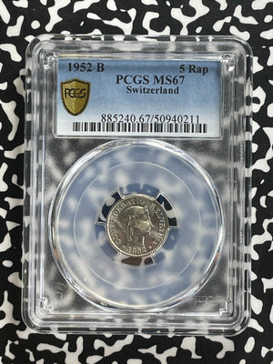 1952-B Switzerland 5 Rappen PCGS MS67 Lot#WG2 Gem BU!