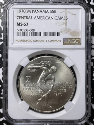 1970-FM Panama Central American Games 5 Balboas NGC MS67 Lot#G6980 Silver!
