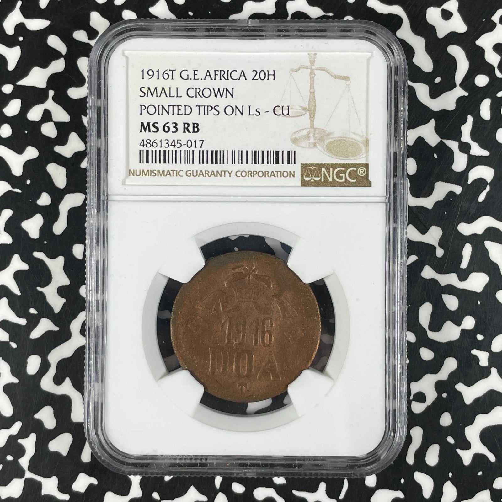 1916-T German East Africa 20 Heller NGC MS63RB Lot#G2016 Choice UNC!
