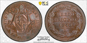 1848-R Papal States 1/2 Baiocco PCGS MS65BN Lot#G8240 Solo Top Graded! KM#1340