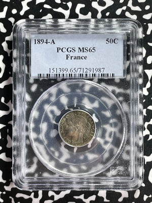 1894-A France 50 Centimes PCGS MS65 Lot#G929 Silver! Gem BU!