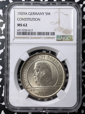 1929-A Germany Constitution 5 Mark NGC MS62 Lot#G9522 Silver! Nice UNC!